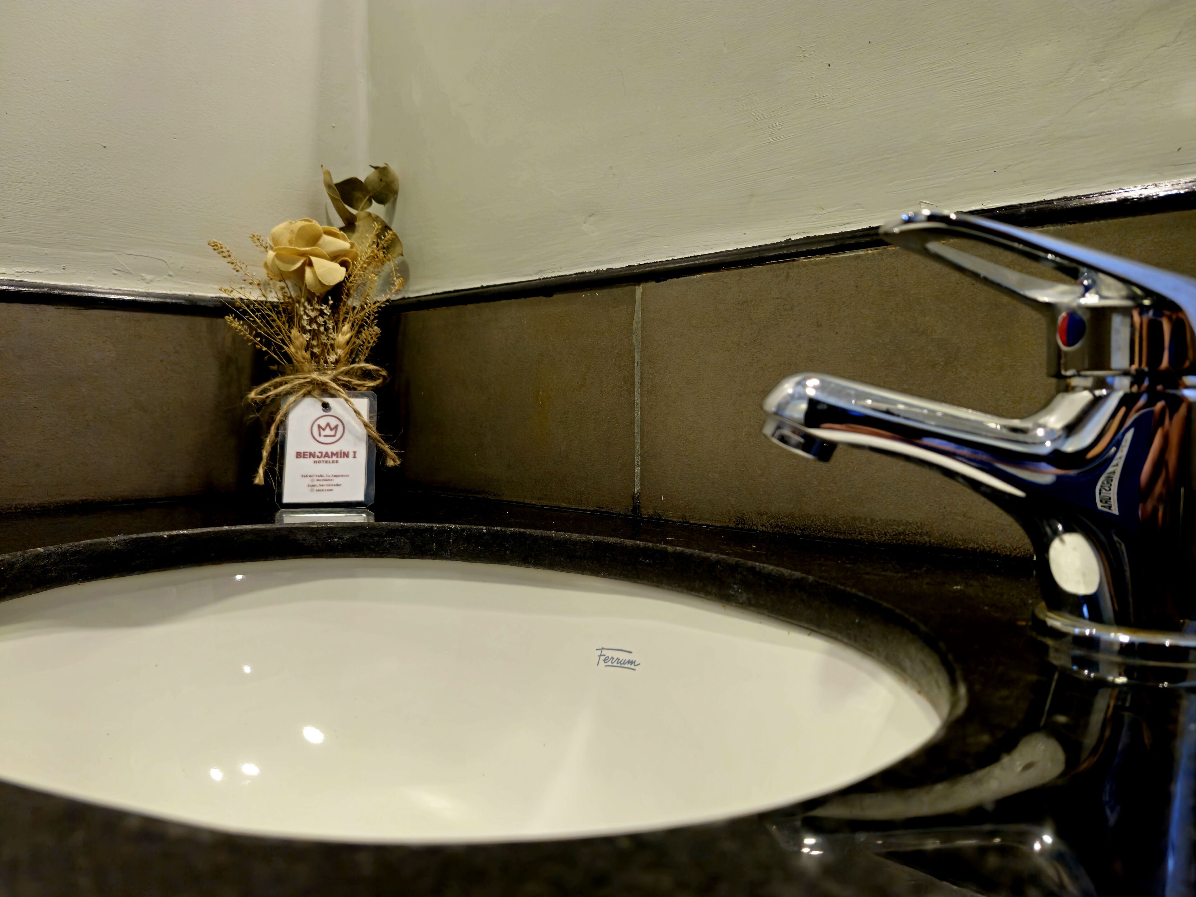 Un lavabo de baño con un lavamanos blanco, un grifo cromado y un pequeño jarrón con flores secas en la encimera.