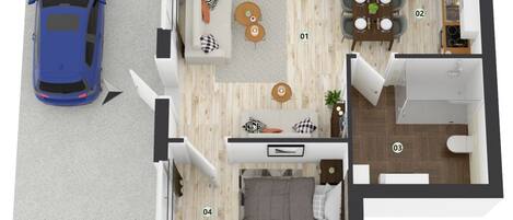 Apartamento de dos habitaciones con comedor, cocina y plaza de aparcamiento para un coche azul.