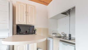 A compact kitchen with a microwave, dishwasher, and a small sink. - Nice studio 4 pers near the slopes (Orcières)