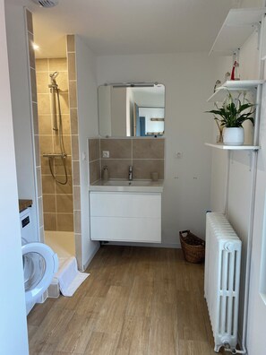Dusche, Haartrockner, Handtücher, Seife