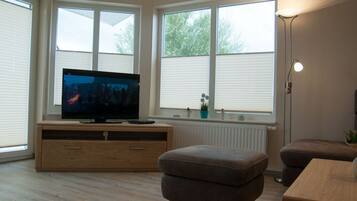 Smart-TV, DVD-Player, Bücher, Stereoanlage