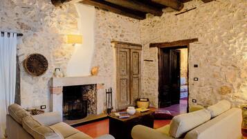 TV, caminetto, libri