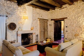 Televisie, een open haard en boeken