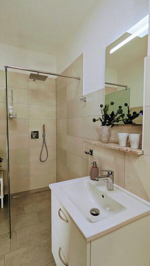 Shower, hair dryer, towels, soap