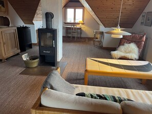 Télévision, cheminée, chaîne hi-fi