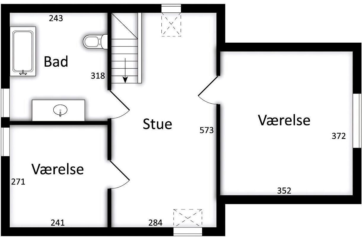 En plantegning, der viser rum med navne Bad, Stue og Varelse forbundet af døre.
