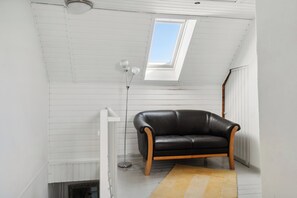 A room with a black leather sofa, a skylight, white walls, and a radiator.