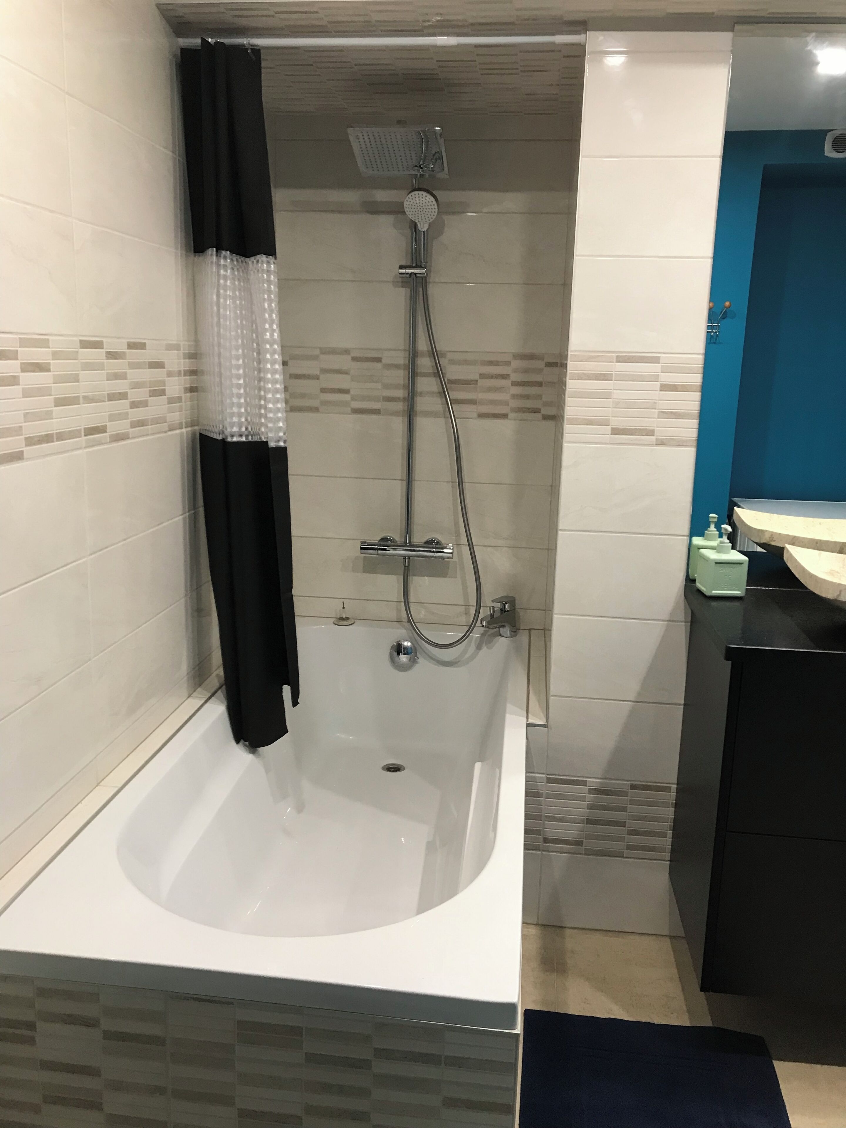 Hair dryer, towels, soap, shampoo