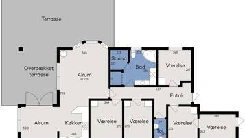Ein Hotelgrundriss mit mehreren eigenen Bädern, einer Sauna und einer Terrasse.