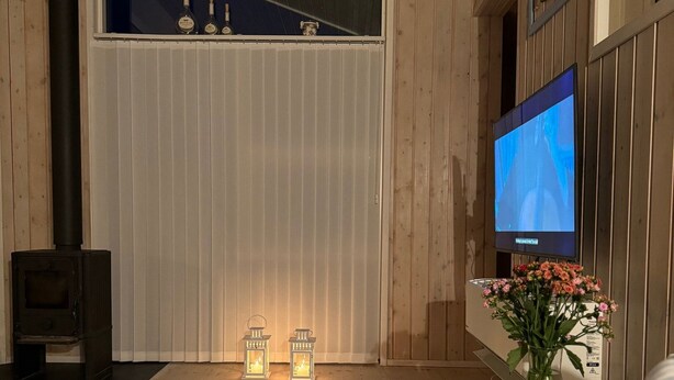 Ein gemütliches Zimmer mit Holzvertäfelung, einem an der Wand befestigten Fernseher, einem kleinen Tisch mit Blumenvase und einer Couch mit gestreiften Kissen.