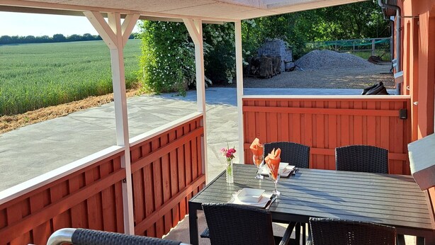 An outdoor patio with a grill, dining table, chairs, and a view of a field.