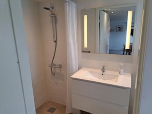 A bathroom with a shower, a sink, and a mirror.