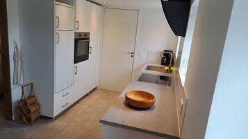 Fridge, oven, electric kettle, cookware/dishes/utensils