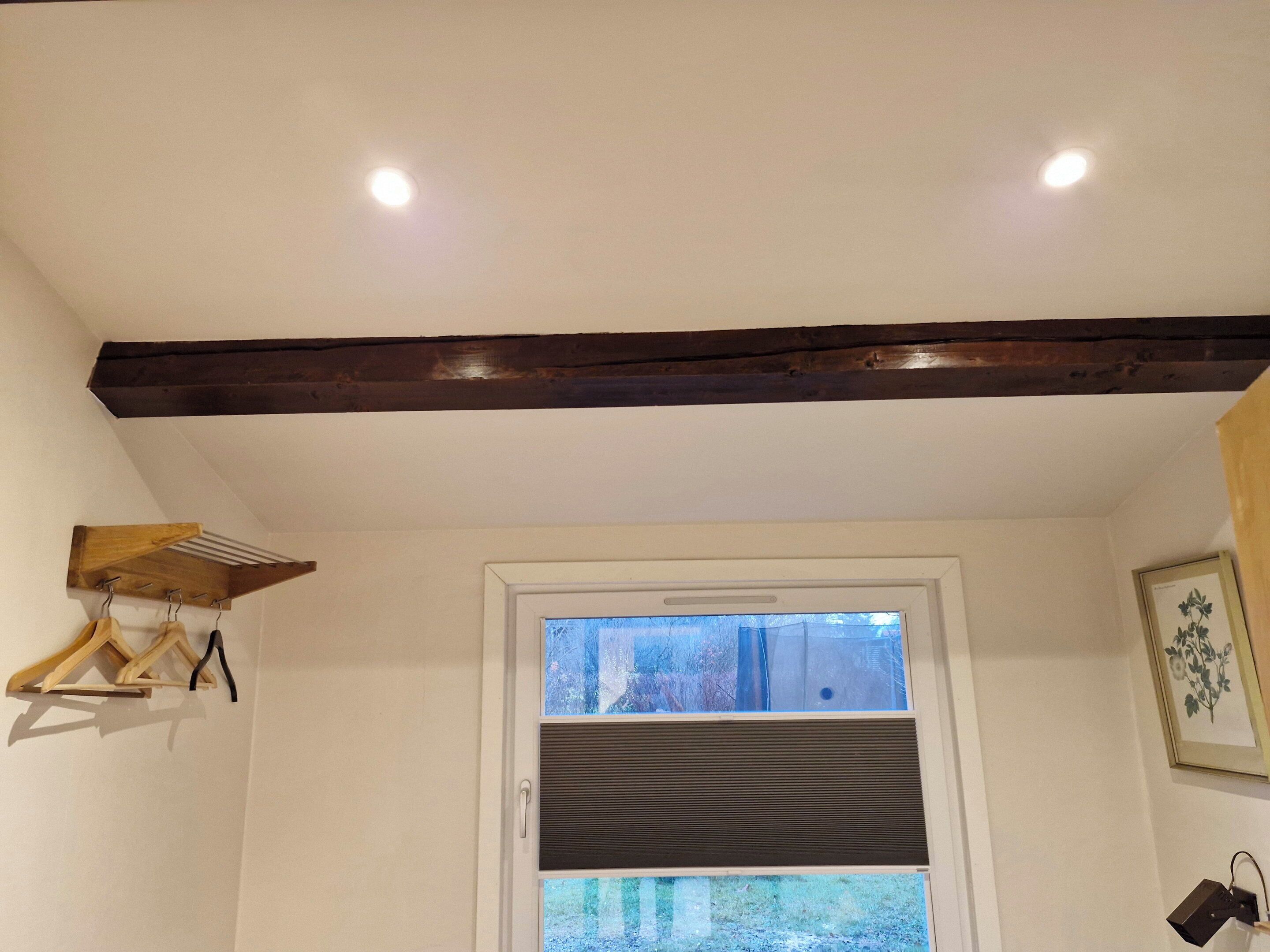A room with a wooden ceiling beam, a window with a view of trees, a door with a vent, and a wall-mounted light fixture.