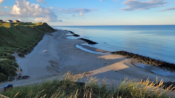Eine Küstenlandschaft mit Sandstrand, Grasdünen und ruhiger See.