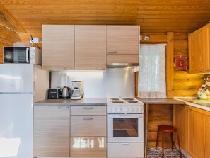 Fridge, microwave, cookware/dishes/utensils