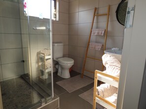 Douche, bidet, serviettes fournies, savon