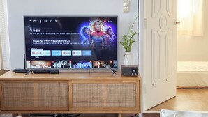 Un salón con televisor sobre un mueble de madera, una planta y una puerta que da a otra habitación.