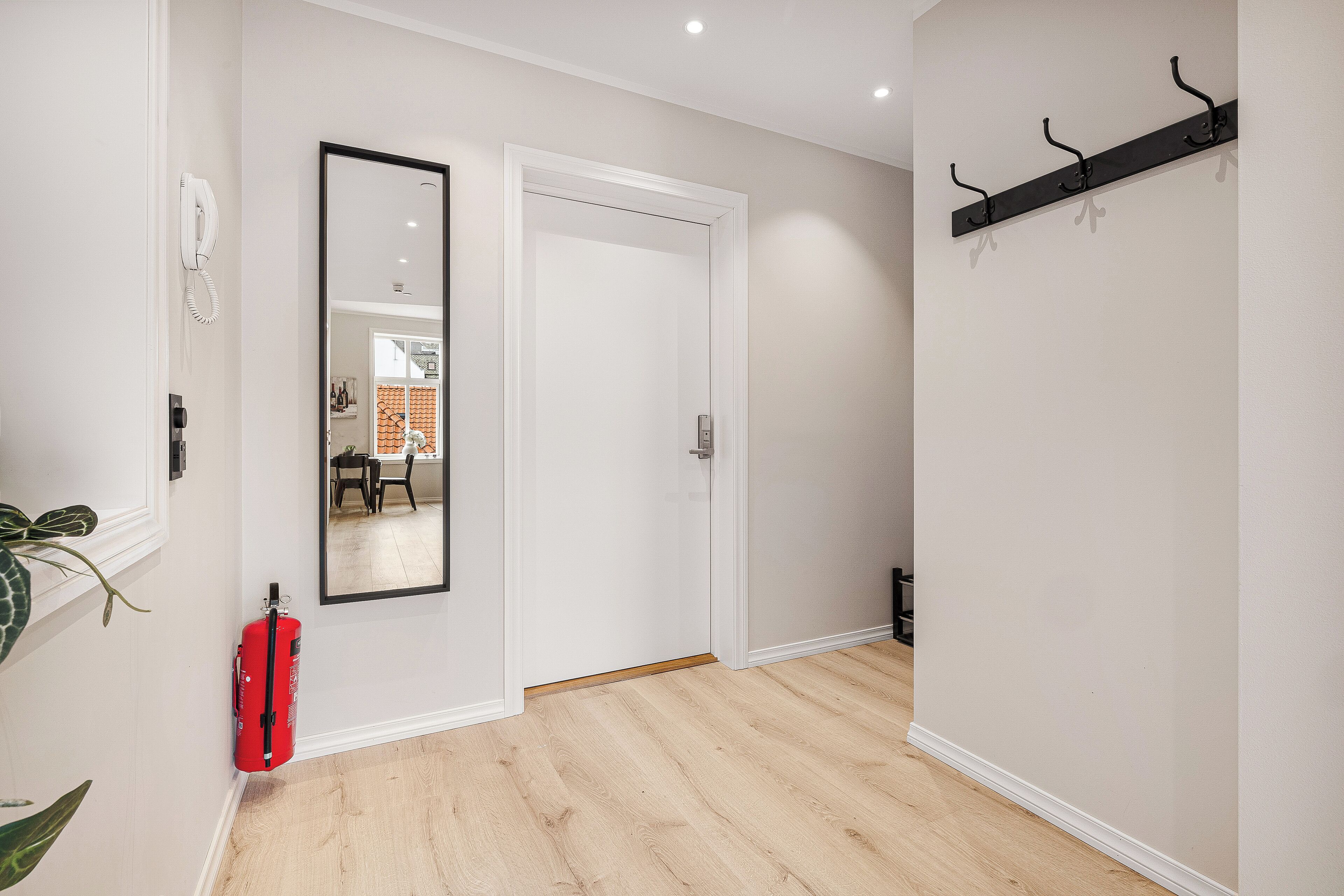 A hallway with a white door, a coat rack, a red fire extinguisher, and a plant.