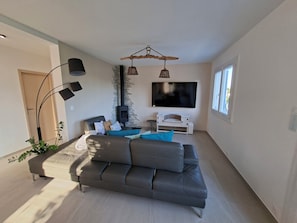 Smart TV, fireplace, books
