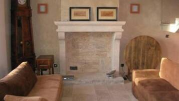 Télévision, cheminée, lecteur de DVD