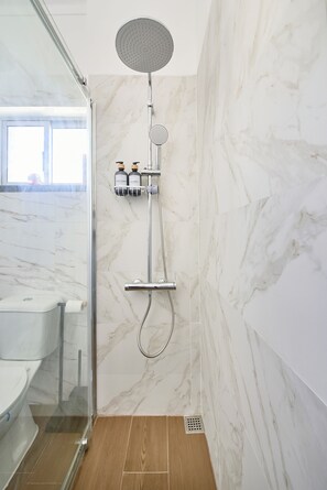 Shower, eco-friendly toiletries, hair dryer, towels