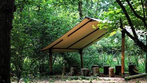 A covered outdoor area with a roof, surrounded by trees and vegetation. - Dormir au Chant des Loups - 1 (Sury-aux-Bois)