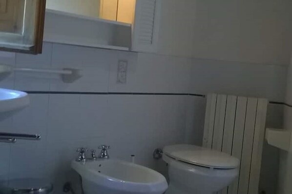 Une salle de bain équipée d’un lavabo, d’un bidet et de toilettes.