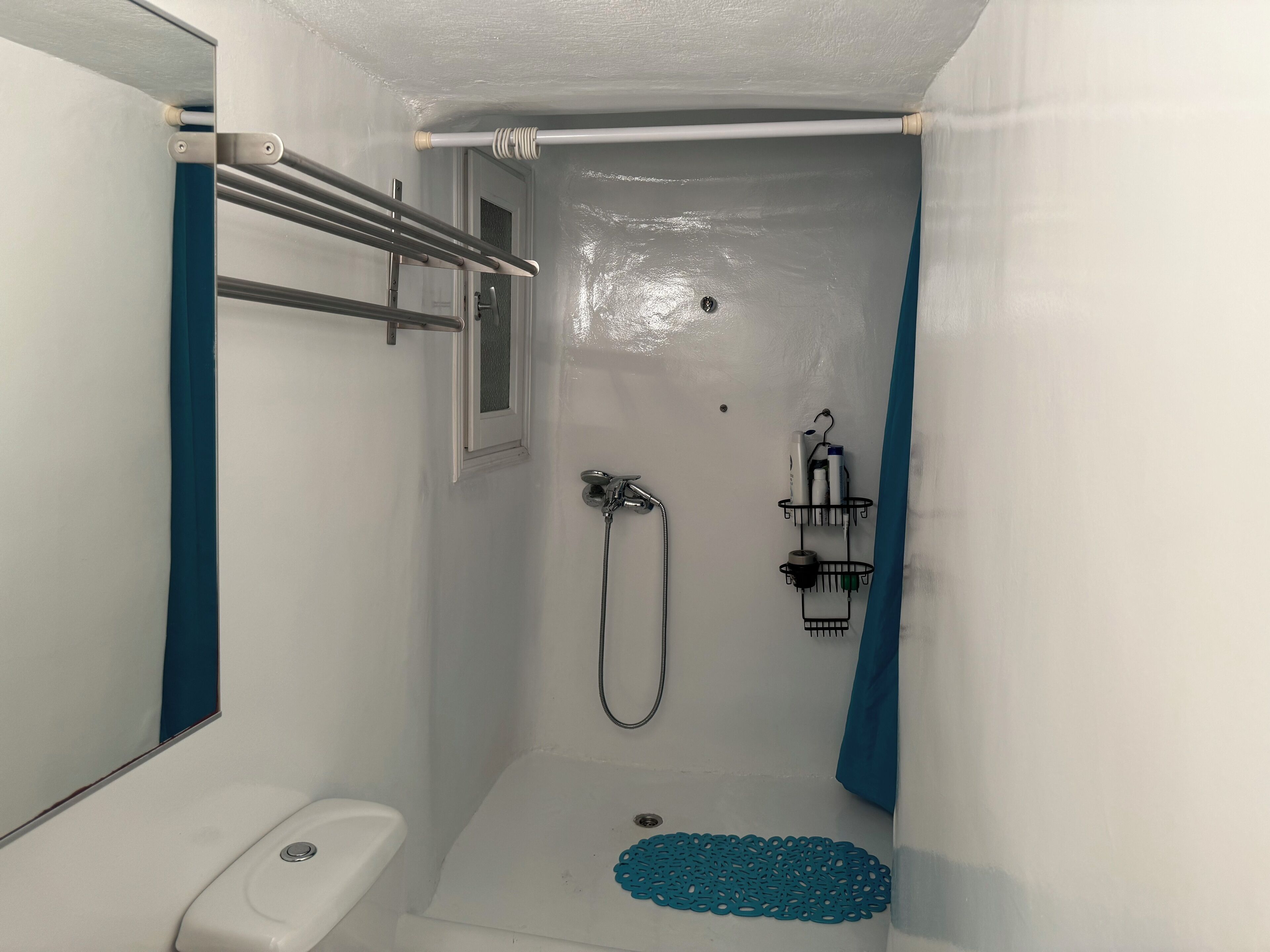 Ein kleiner, abgeschlossener Duschbereich mit Toilette, Handtuchhalter und Duschkopf.