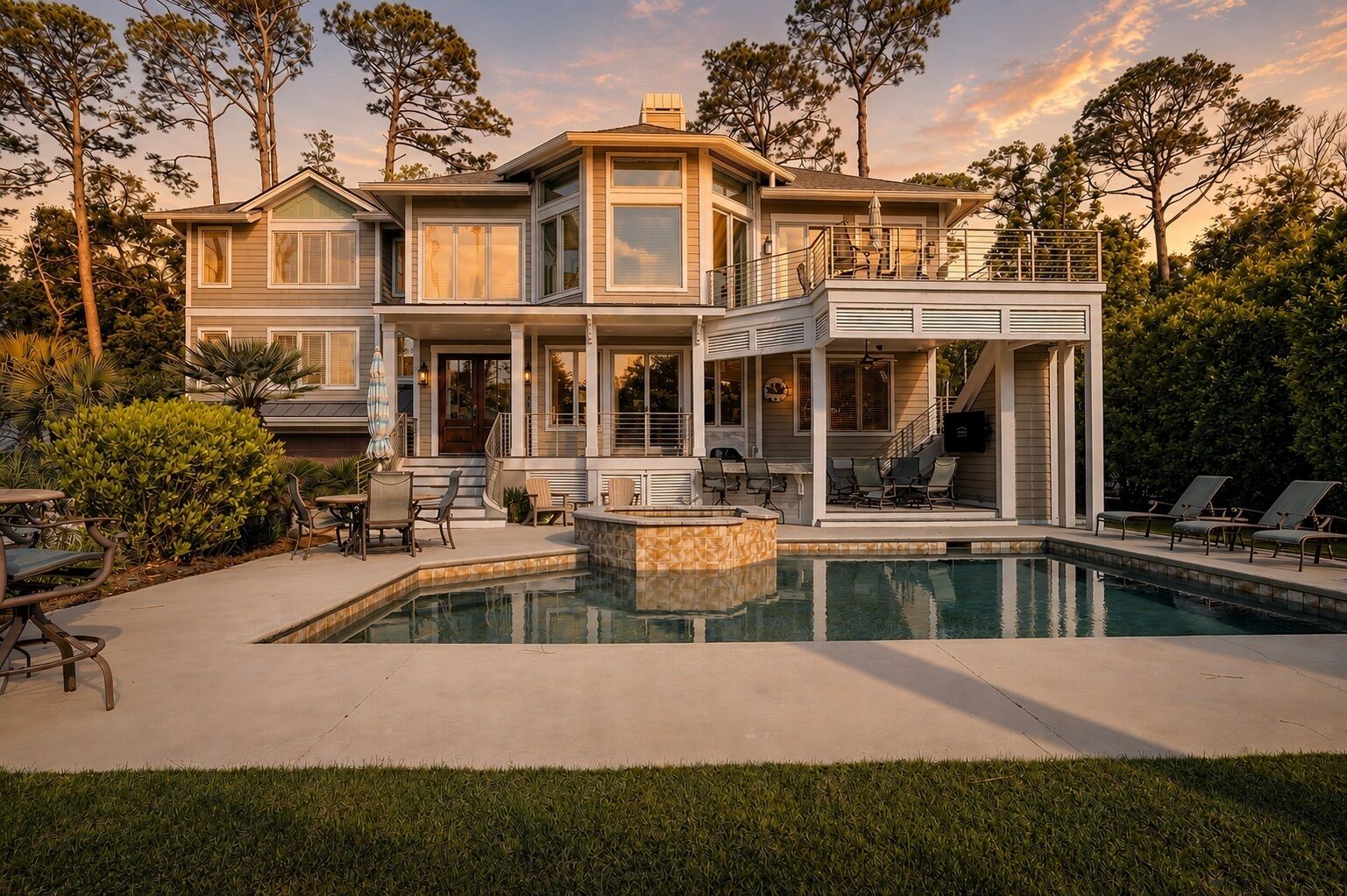 Una casa de dos pisos con piscina, mobiliario exterior y un patio cubierto.
