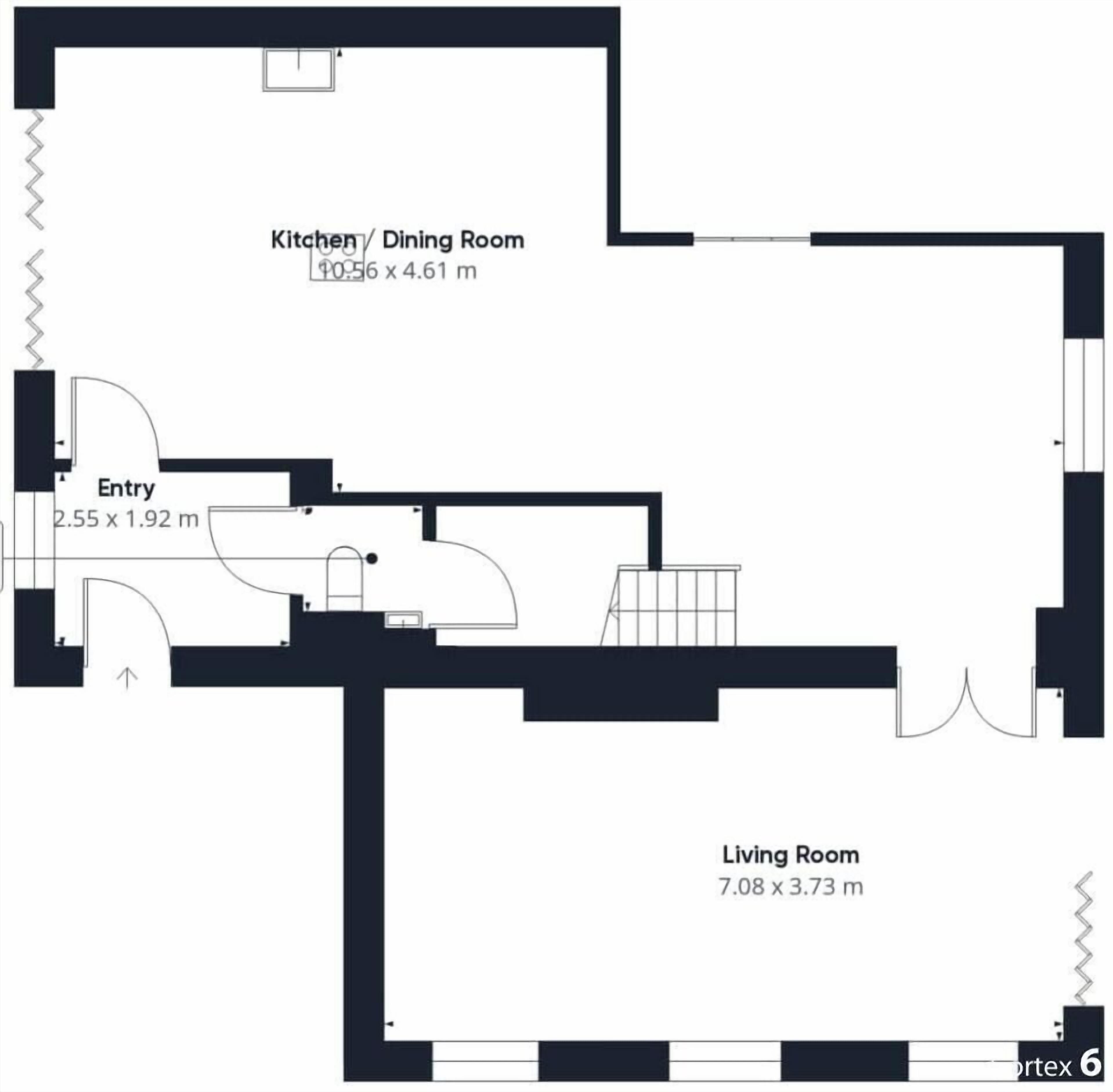 A floor plan of a hotel with a kitchen/dining room measuring 9.56 x 4.61 m, an entryway of 2.55 x 1.92 m, and a living room of 7.08 x 3.73 m.