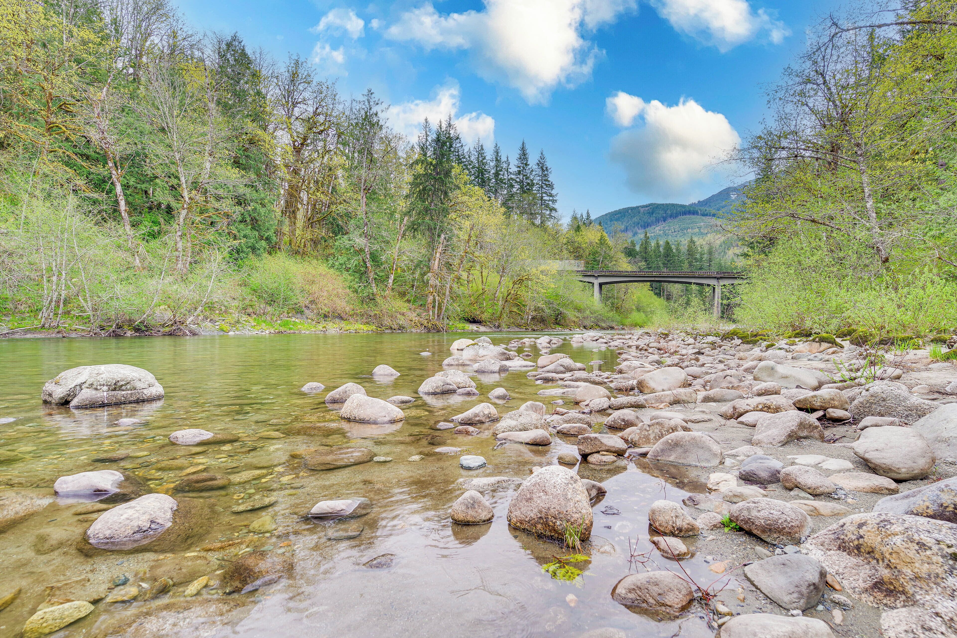 Un río de aguas claras y rocas, rodeado de árboles y un puente al fondo.