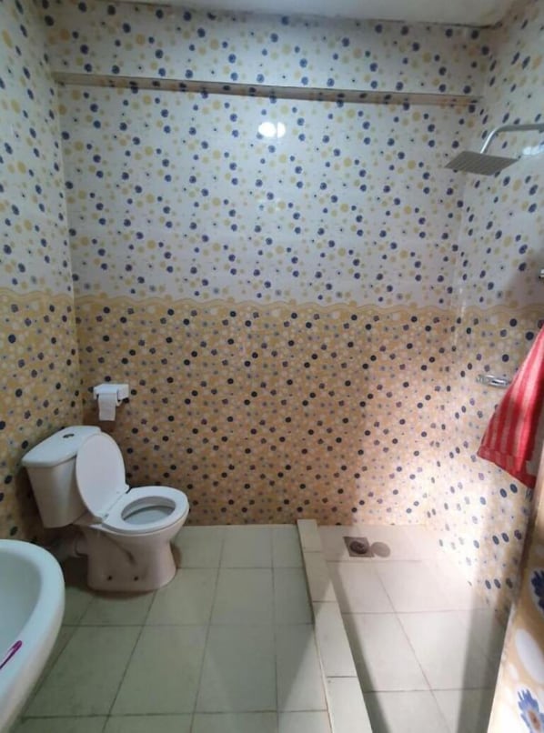 A small bathroom with a toilet, a shower, and a sink. - Rafiki Apartment Hotel (Zanzibar Town)