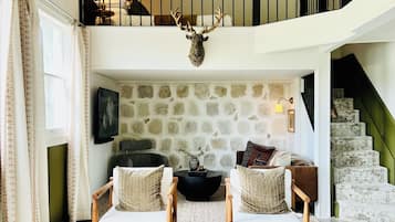 Smart TV, chimenea, libros