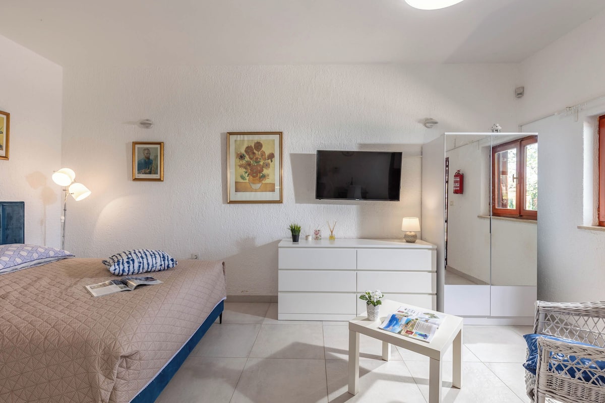 A bedroom with a bed, bedside table, dresser, TV, and a window.