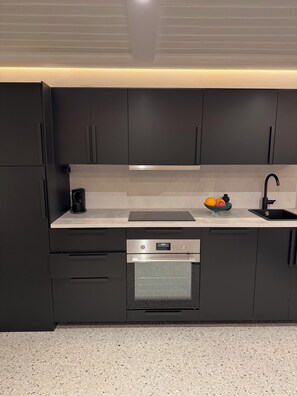 Family Apartment | Private kitchen | Full-size fridge, microwave, oven, stovetop - Just Like Home Spa & Apartment with private pool (Porsgrunn)