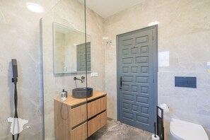Features a sleek door, wooden vanity, and glass-enclosed shower area.