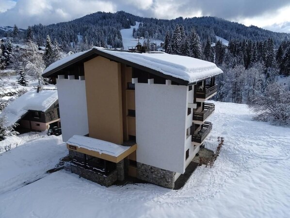 Exterior - 300m from resort center, 4th floor, balcony, fireplace or stove, parking, tv, ski locker, 92m² (Les Gets)