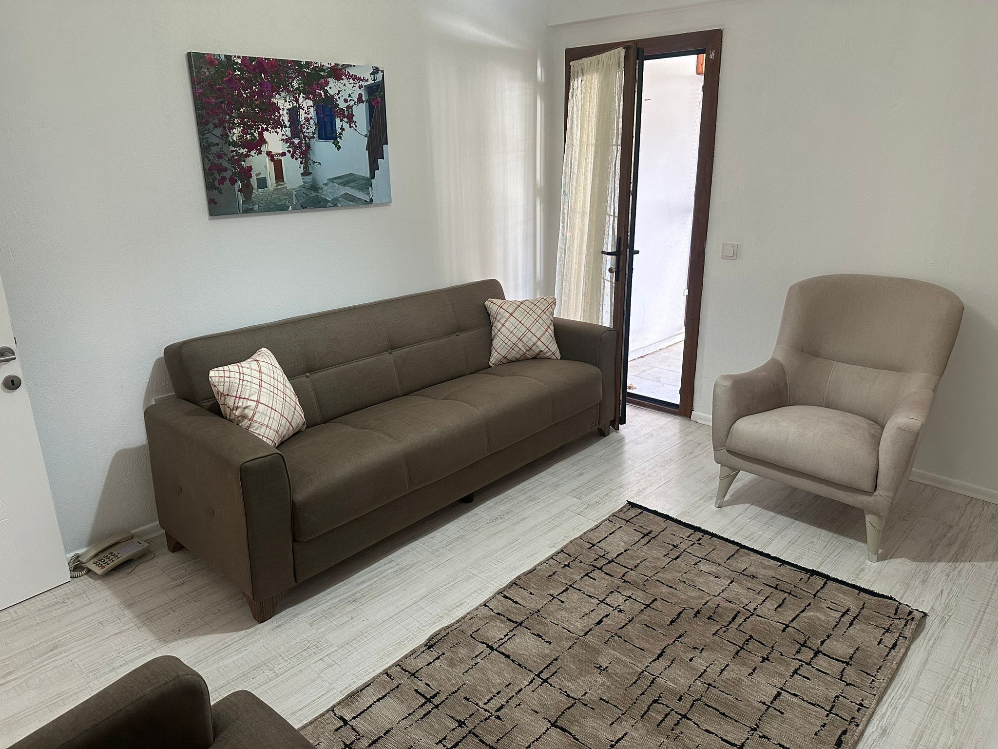 Un salon avec un canapé, un fauteuil et un tapis.