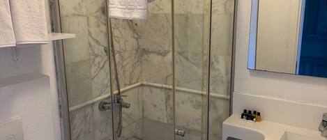 A modern bathroom with a glass-enclosed shower, a toilet, and a sink with toiletries.