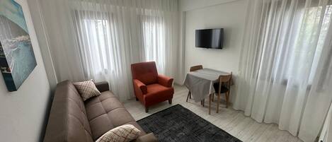 A living room with a brown sofa, a red armchair, a dining table with two chairs, a black rug, and a TV on the wall.