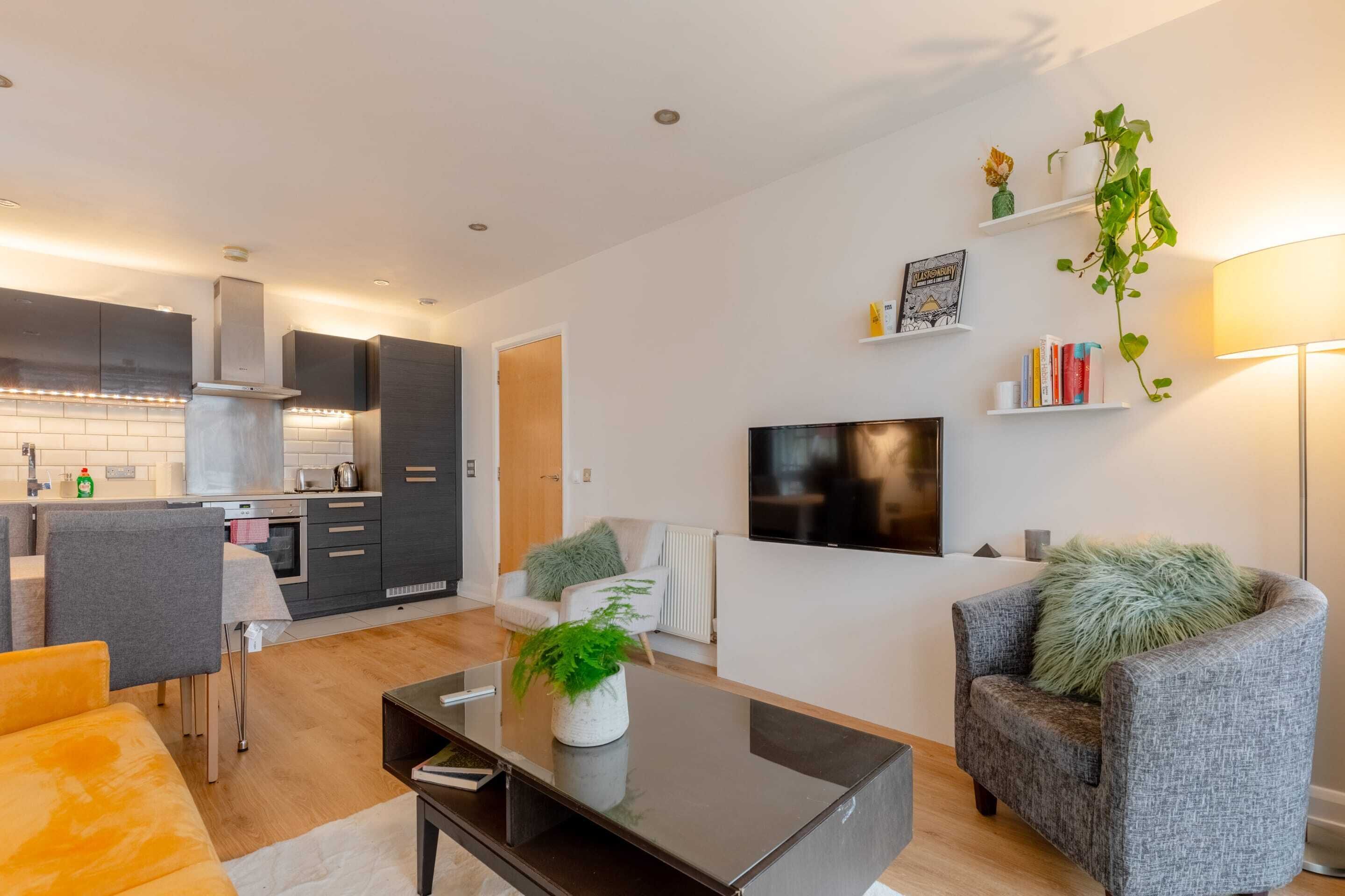 Un salon moderne avec un canapé, une table basse agrémentée d’une plante, un fauteuil gris et un téléviseur fixé au mur.