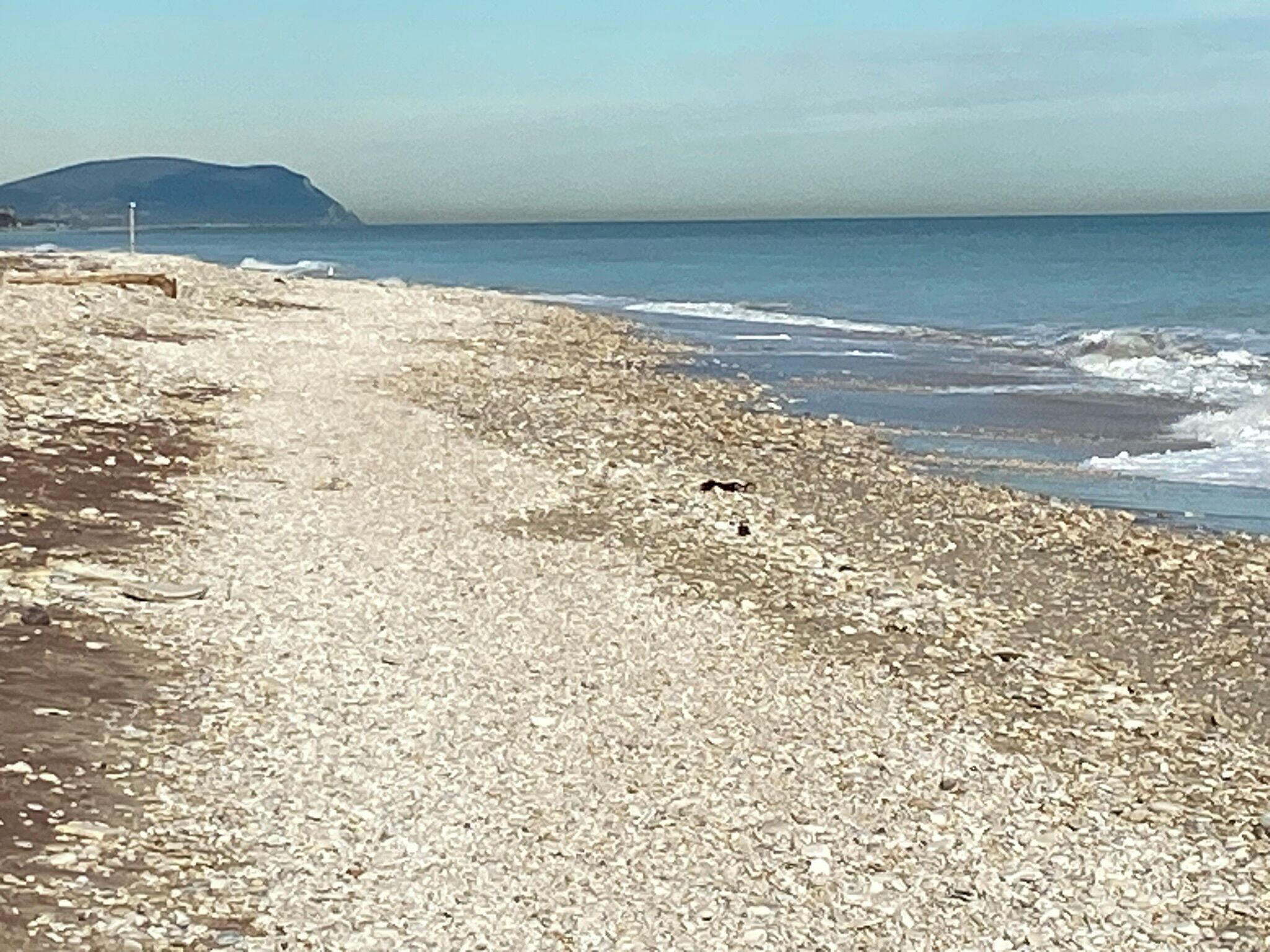 Een kiezelstrand met een helder uitzicht op zee en een berg in de verte.