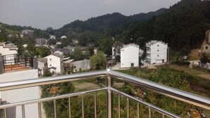 A residential area with modern and traditional buildings, a metal railing, and a hilly landscape in the background. - Qingliangzhai Liu Yinong Family Lodging (Wuhan)