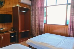 Une chambre avec deux lits, des murs en bois, une armoire, un téléviseur et une fenêtre avec des rideaux.