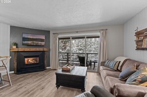 Smart TV, fireplace, books, stereo