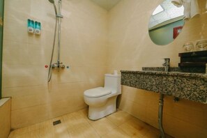 Une salle de bain comprenant des toilettes, une douche, un lavabo avec un plan de travail en granit et un miroir.