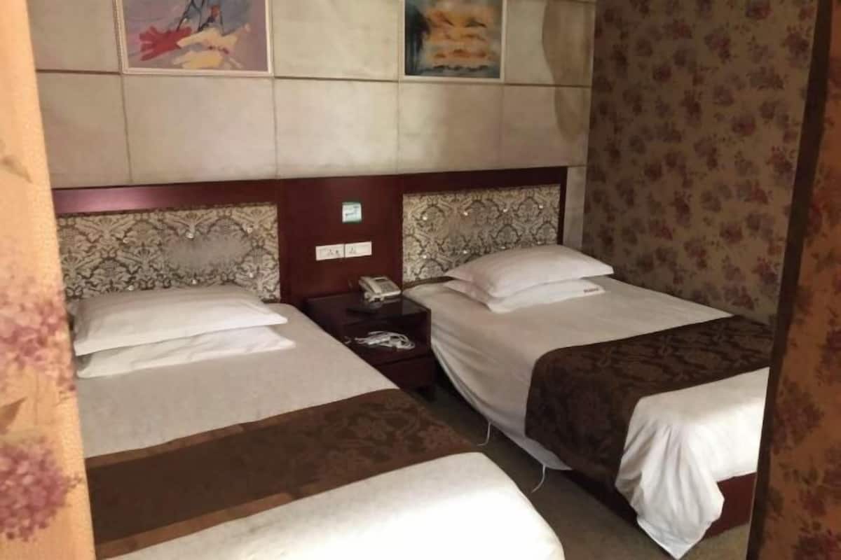 Een hotelkamer met twee bedden, een nachtkastje met een telefoon en een gestreept hoofdeinde.