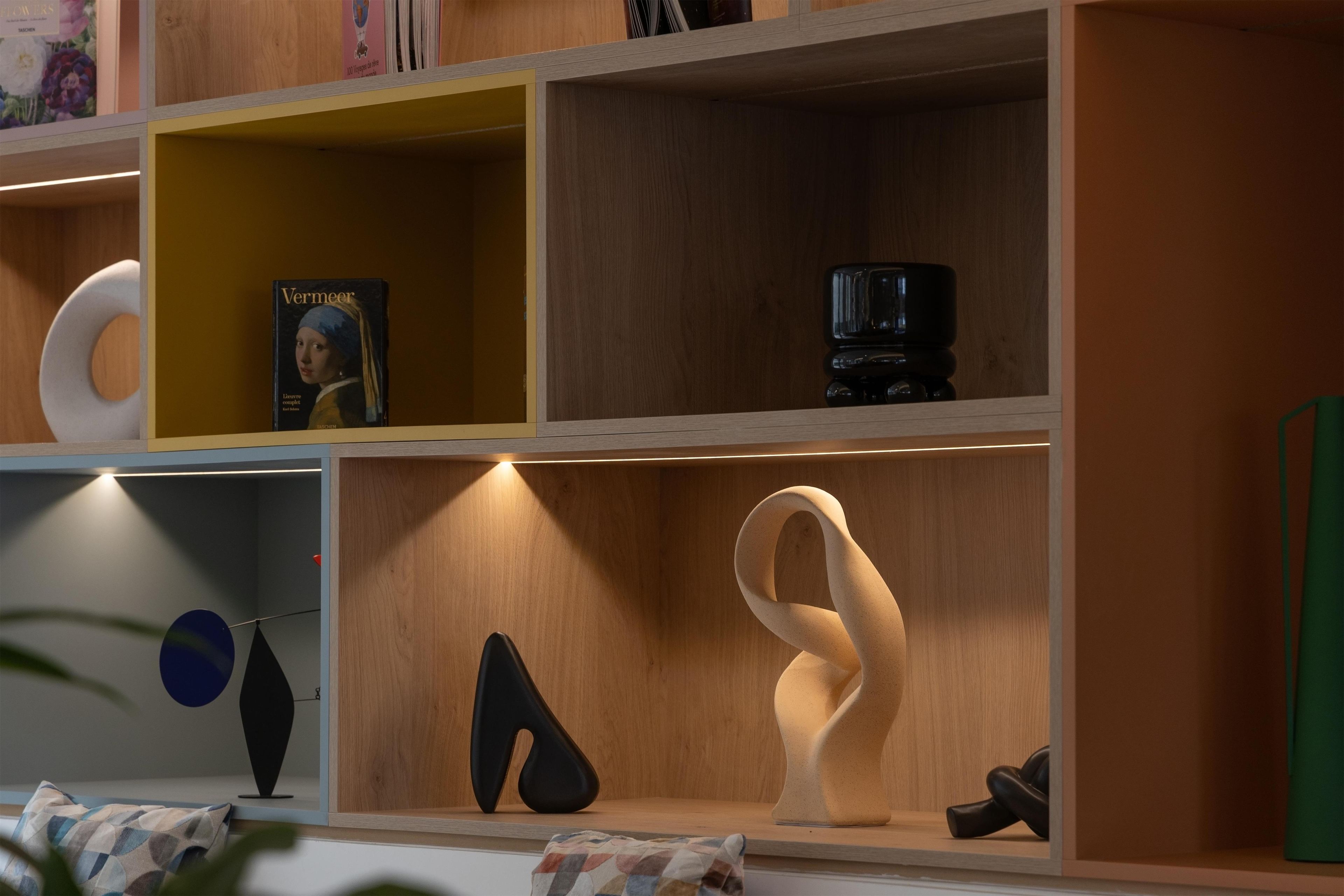 A shelf with a book titled 'Vermeer,' a black object, and abstract sculptures.