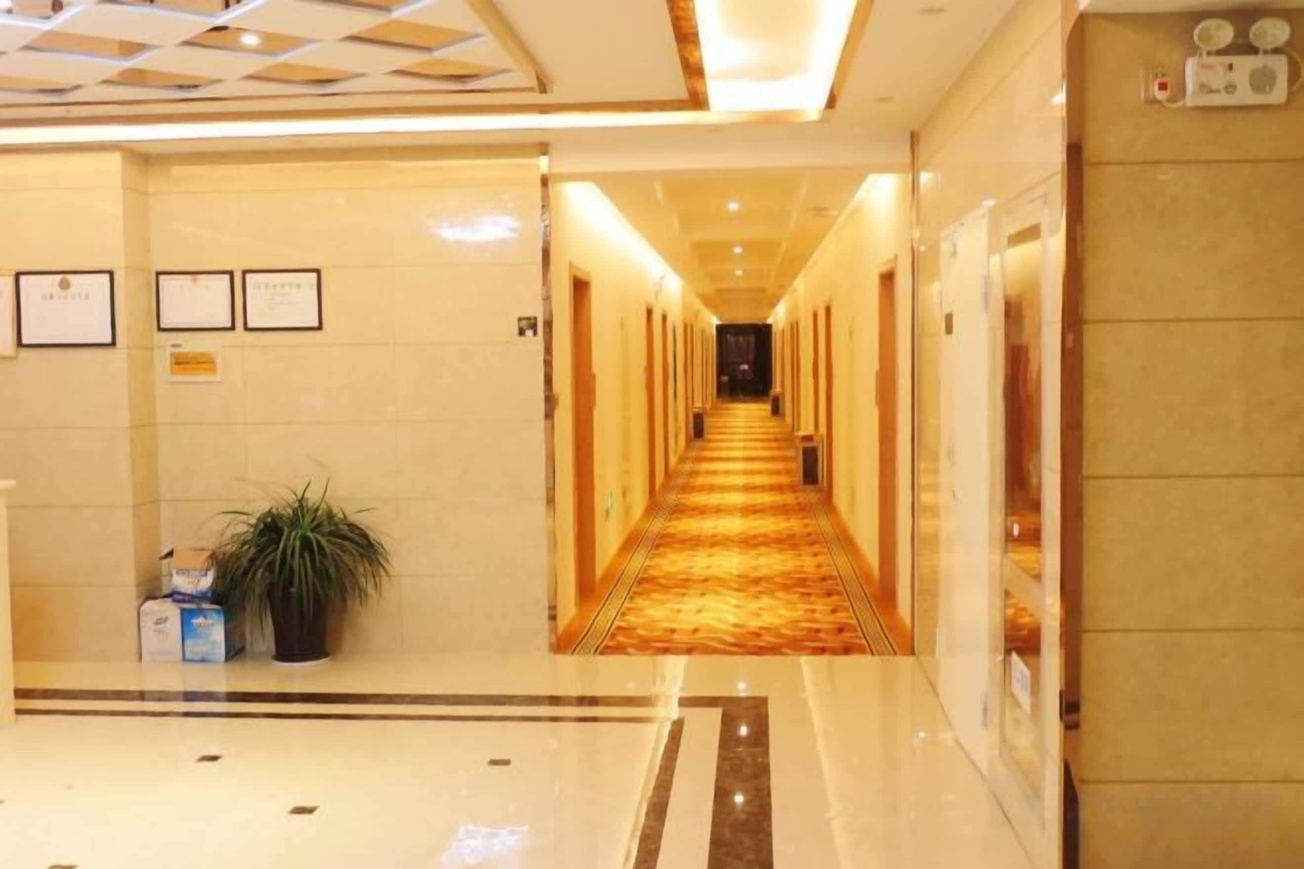 Un pasillo de hotel con piso alfombrado, cuadros en la pared y una planta en maceta.